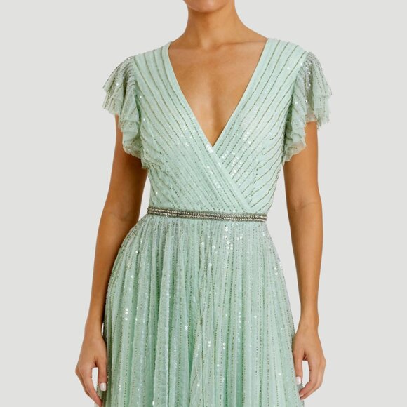 Mac Duggal 5502 Size 16 Light Green Sequined Ruffled‎ Cap Sleeve Gown Maxi Dress - Picture 3 of 4